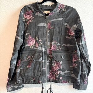 Democracy Rose & Camo Bomber Jacket Womens Large Lightweight Grunge Gorpcore